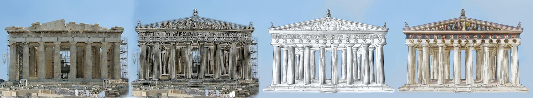 Figure 2: Different styles of displaying archaeological interpretations from photographs to illustrations; from left to right: Photograph of the Parthenon Western facade by Guillaume Piolle, Picture of the Parthenon Western facade by Guillaume Piolle with a sketched interpretation by Jona Schlegel, white interpretation of the Parthenon by Jona Schlegel, colourised interpretation of the Parthenon by Jona Schlegel