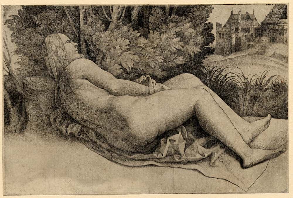 Figure 1: Woman Reclining in a Landscape by Giulio Campagnola, stipple engraving, 1510–15, New York Public Library.